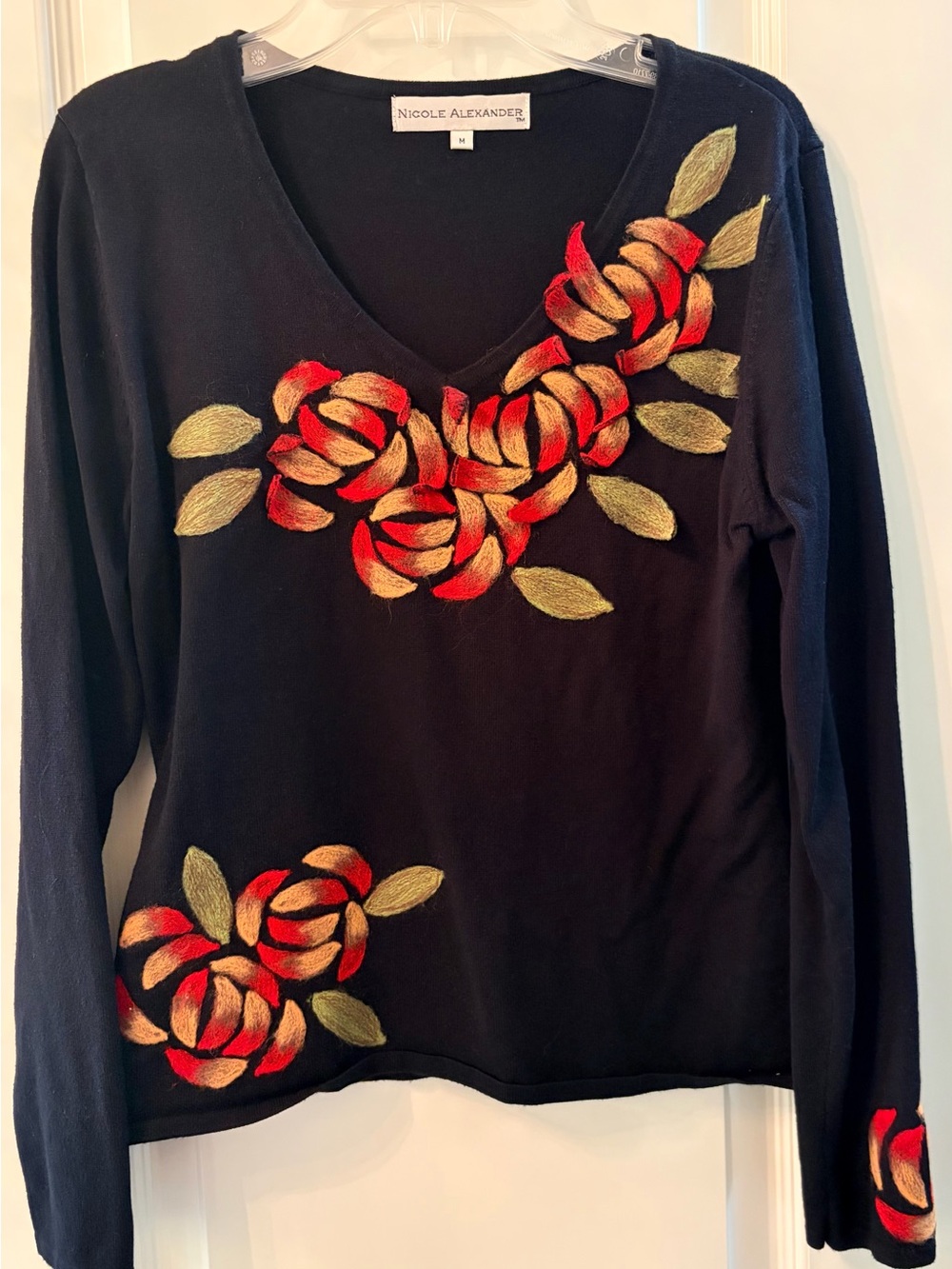 Nicole Alexander Black V-Neck Sweater with Red & Gold Floral Embroidery